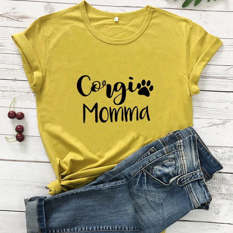 Corgi Momma Printed New Arrival Women\'s Funny 100%Cotton T-Shirt Dog Lover Shirts Corgi Lover Tees Gift for Dog Mom