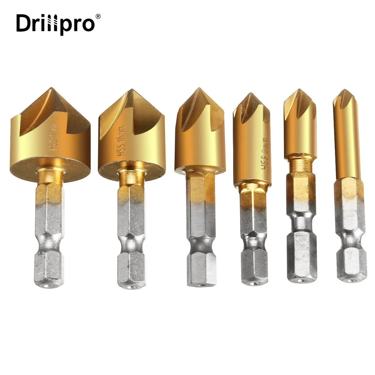 6 Buah 6Mm-19Mm 5 Seruling HSS Countersink Chamfer Bor Bit 1/4 "Titanium Shank Dilapisi Woodworking Core Aksesoris Alat Listrik