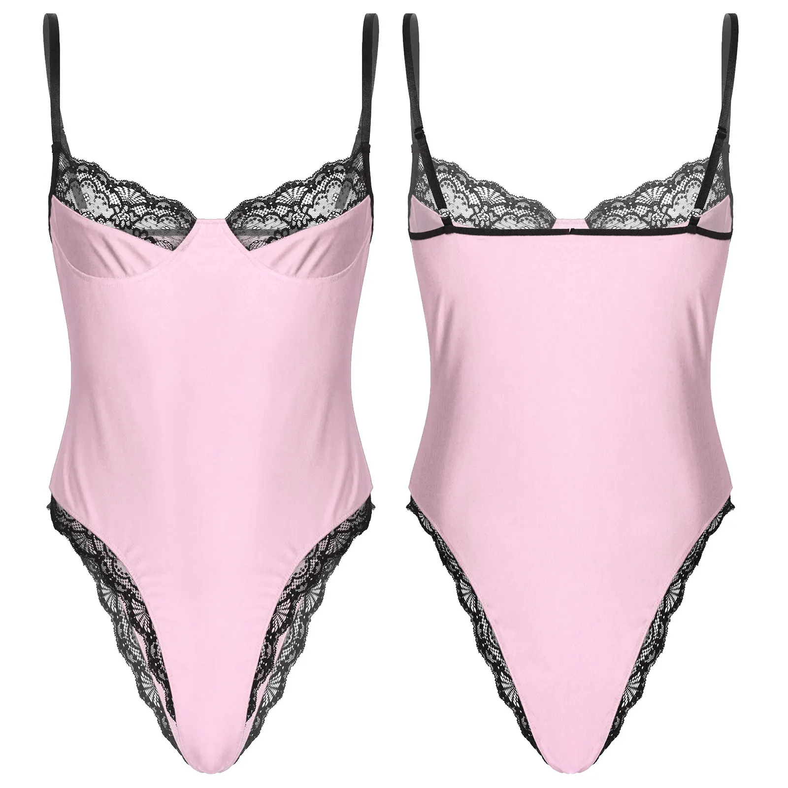 

Gays Pink Sleepwear Bodysuit Mens Ultra Thin Lace Decorated T-back Thong Catsuit for Fun Night Pajamas Nightwear Costumes
