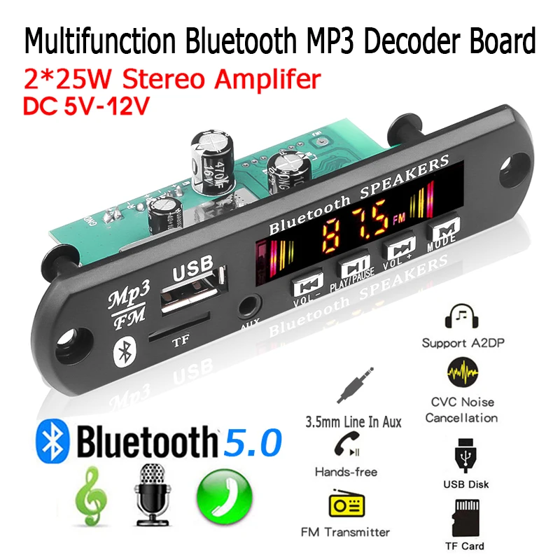 2*25W Stereo Handsfree Bluetooth 5.0 MP3 Player Decoder Board 12V 50W amplifier Car FM Radio Module Support TF USB AUX Playing