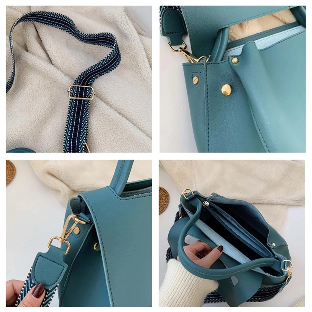 Bolso de mano de piel sintética para mujer, bandolera de hombro de alta capacidad, Color liso, azul, para viaje, invierno, 2024