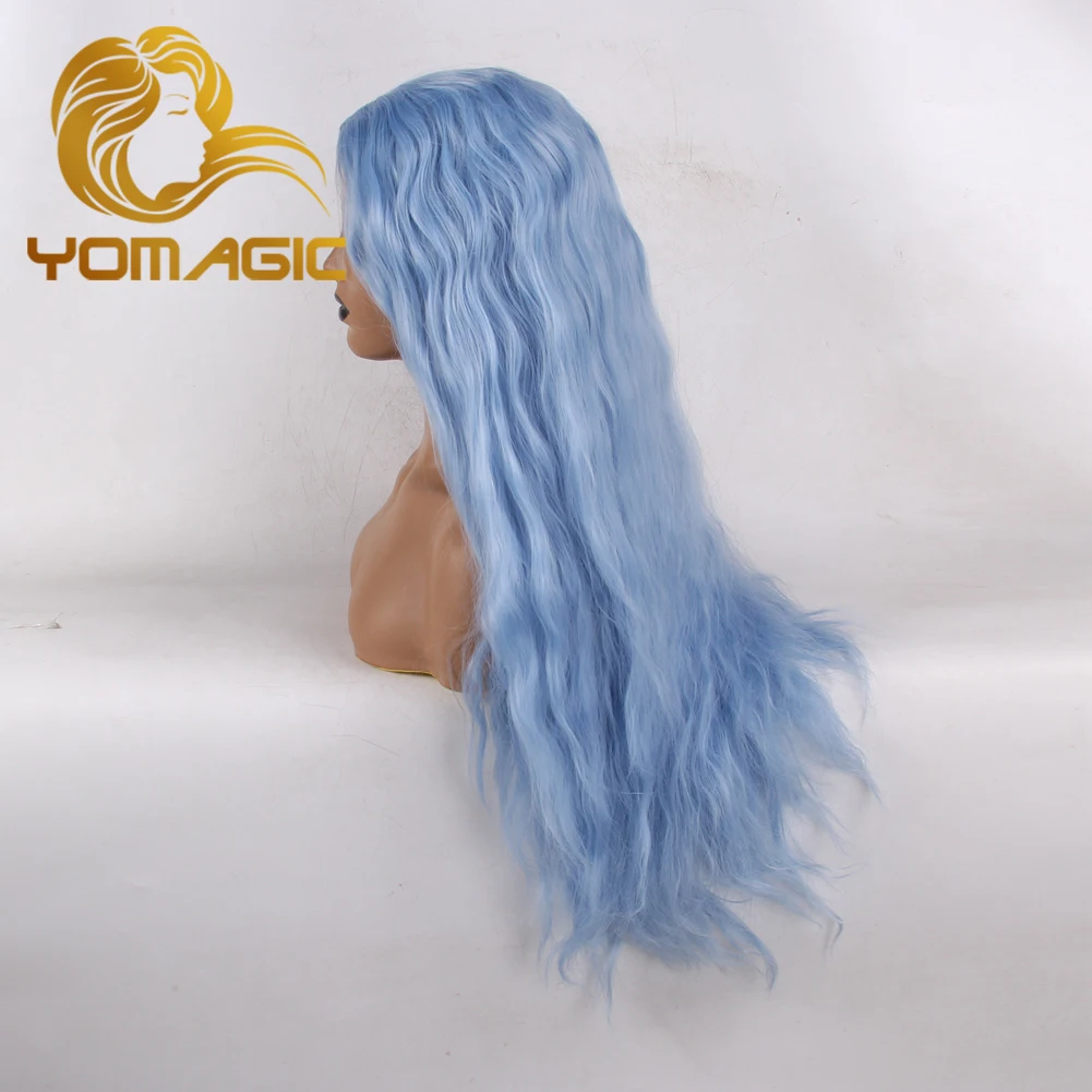 Full Machine Made Wigs Cap Synthetic Hair Wigs Long Water Wavy Light Blue Color Hair Wig Heat Resistant Fiber Hair Wigs