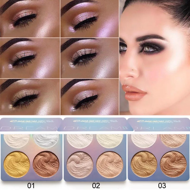 Palette de maquillage pour le visage, 4 couleurs, éclaircissant, contour brillant, liquide, surligneur, poudre, bronzant, scintillant pour le corps