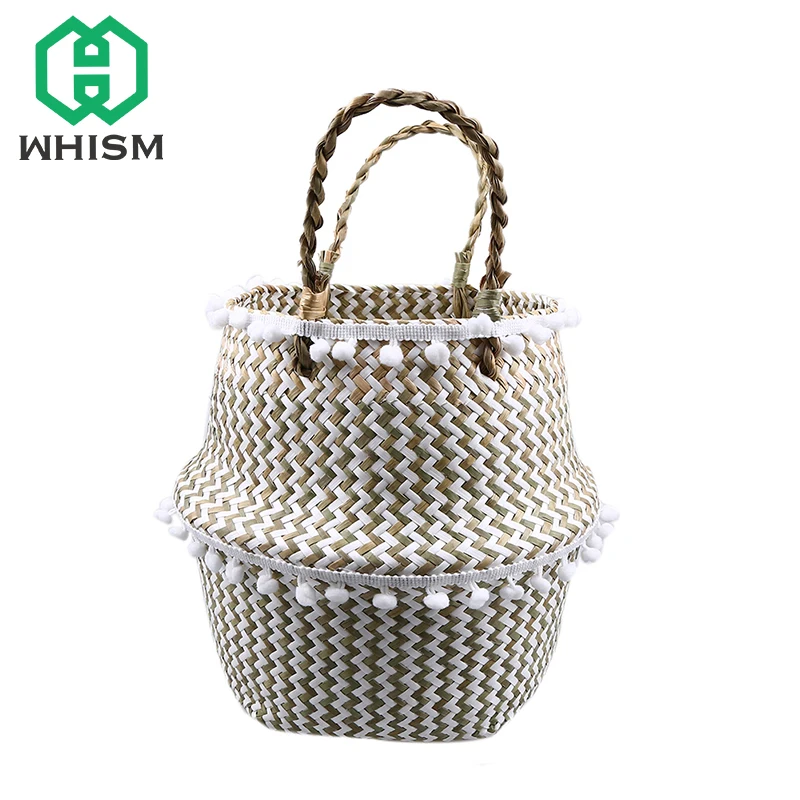 WHISM Folding Hand-Woven Cute Flower Pot Planter Stylish Natural Sea Grass Plant Pot Flower Pots Decorative Garden Succulent Pot