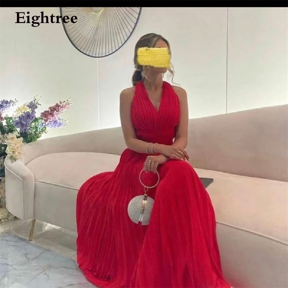 

Eightree Simple Red Long A Line V Neck Evening Dresses Sexy Sleeveless Arabia Dubia Formal Night Club Party Gowns Prom Dress