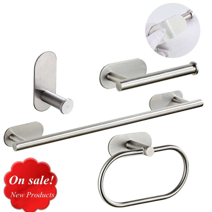 

SUS 304 Hardware Self Sticker Bathroom Kitchen Towel Bar Paper Holder Towel Ring Coat Hook Accessories Without Drilling