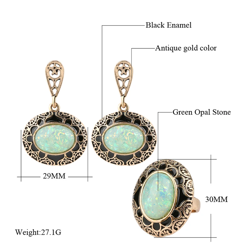 kinel Opal Ring And Earring Jewelry Set Black Enamel Antique Gold 2pc Vintage Jewelry For Women Luxury Party Gift