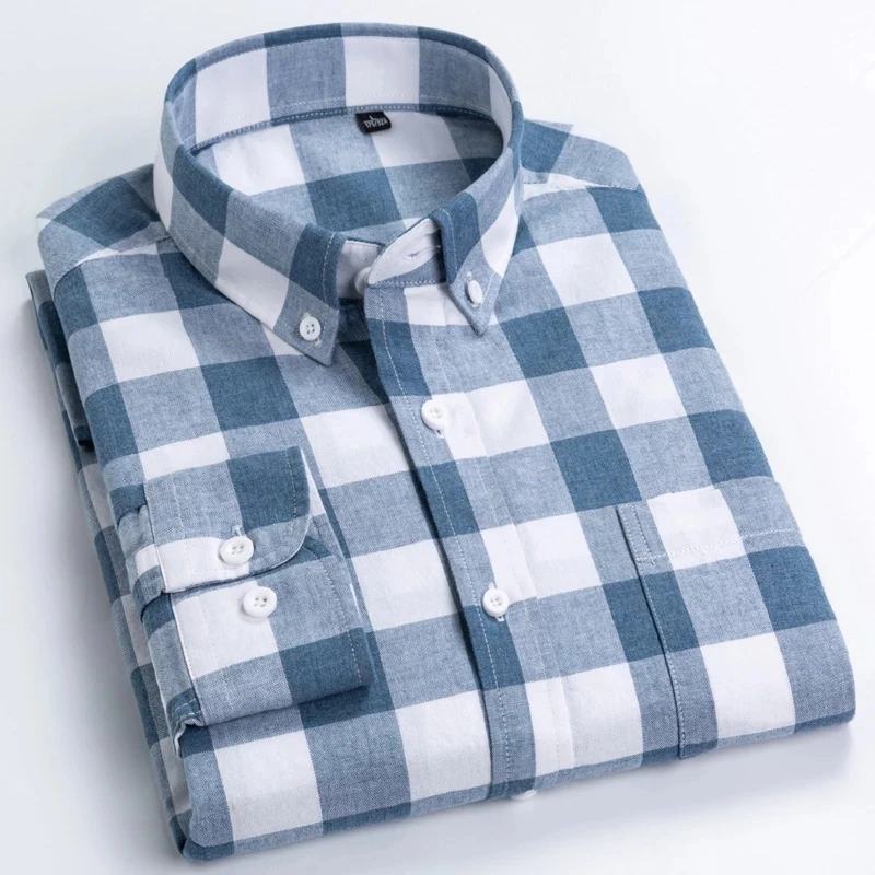 Camisa xadrez Oxford de manga comprida masculina, camisas de vestido masculinas, algodão puro, conforto suave, ajuste fino, tamanho grande, 8XL,