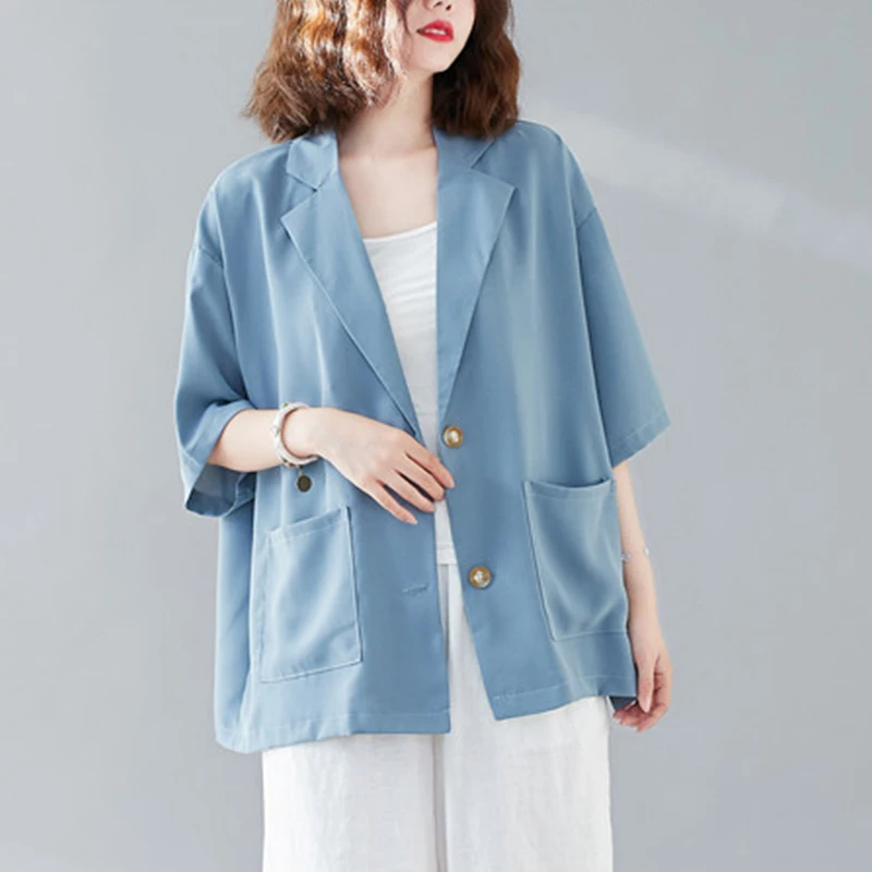 2024 Spring summer Pure color fashion casual new large size women five-point sleeve lapel double pocket cardigan suit jacket 134