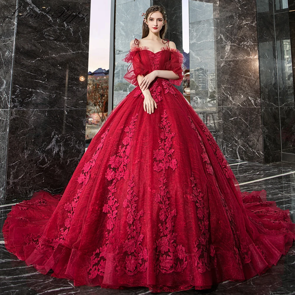 Lceland Poppy Customized Ball Gown Wedding Dress Off the Shoulder Puff Sleeves Cathedral Train Lace Appliques Bridal Dress
