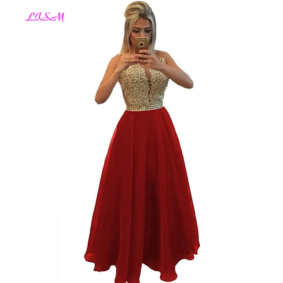 Chiffon Beaded Lace Applique Long Prom Dress Sheer Back Sleeveless Formal Gown O-Neck Floor Length Evening Dresses vestido festa