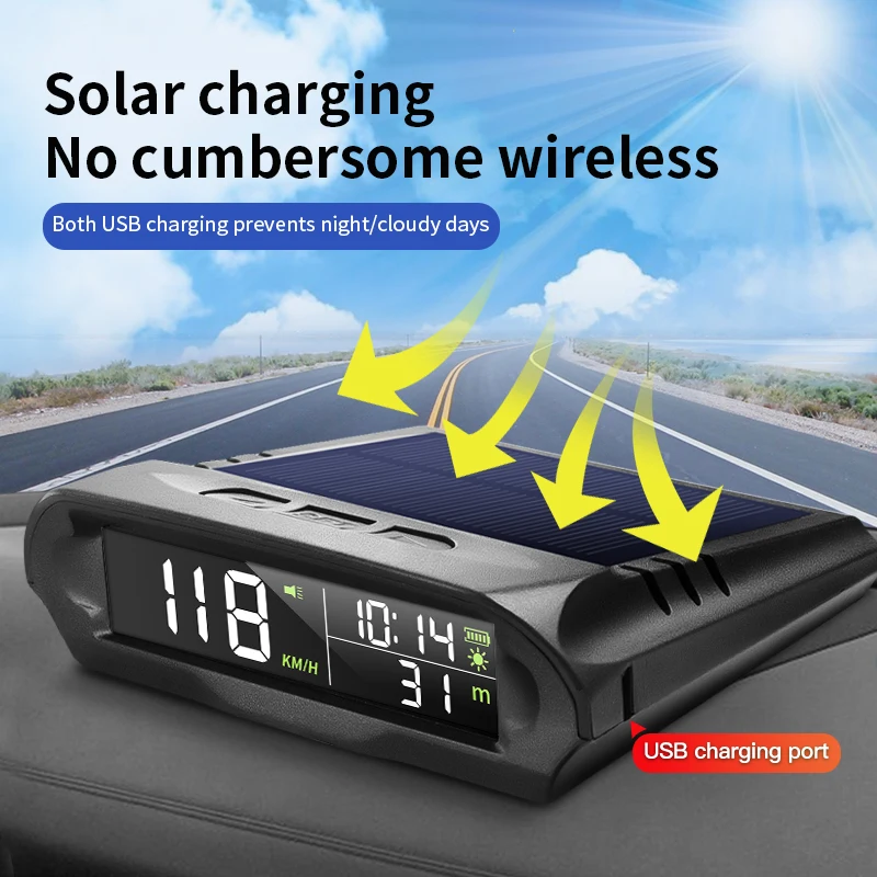 Vjoycar S98 Wireless Car HUD HEAD UP DISPLAY Solar Panel GPS Digital Speedometer Universal for All Vehicles Temperature Altitude