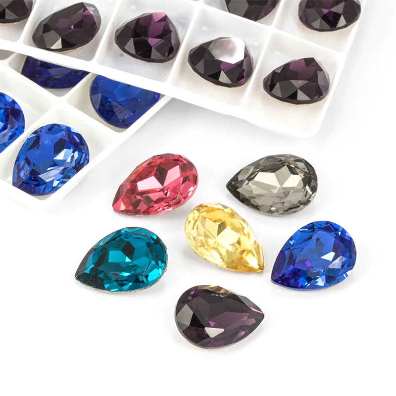 Colorful Shining Tear Drop K9 Glass Rhinestones High Quality Pointback Glass Crystal Glue on Garment Crafts Jewelry Accessories