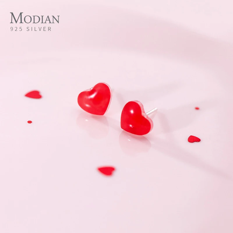 

Modian Fashion 925 Sterling Silver Enamel Sweet Red Love Hearts Stud Earrings for Women Girl Lovely Mini Ear Pin Fine Jewelry