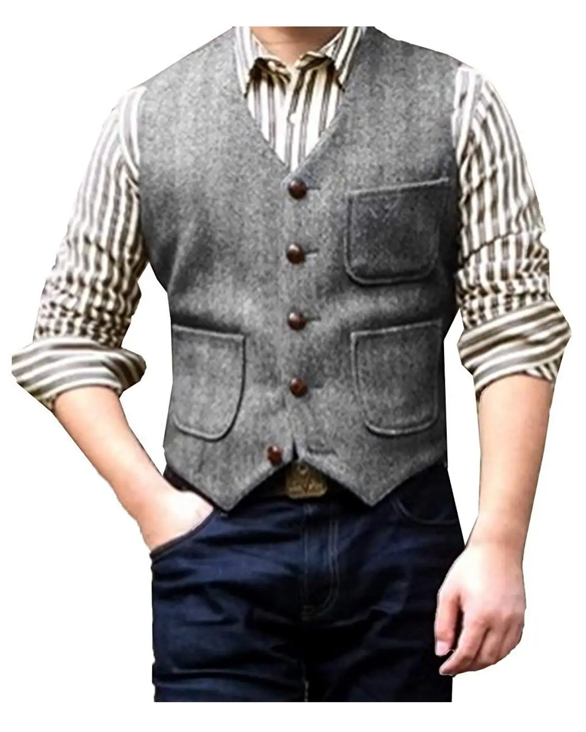 

Men's Suit Vest Vintage 2020 Three Pockets V Neck Wool Herringbone Waistcoat for Wedding Groomsmen Grey/Black/Brown