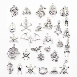 30pcs Charms Halloween Skull Pumpkin Witch Spider Teeth Bat Antique Silver Color Mixed Pendants DIY Findings Tibetan Jewelry