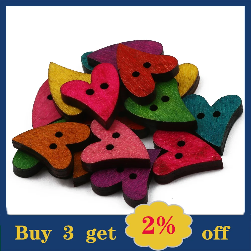 50PCS Mixed Handmade Heart Wooden Buttons Wedding Home Decoration For Clothing Sewing Accessories Crafts Wood Button