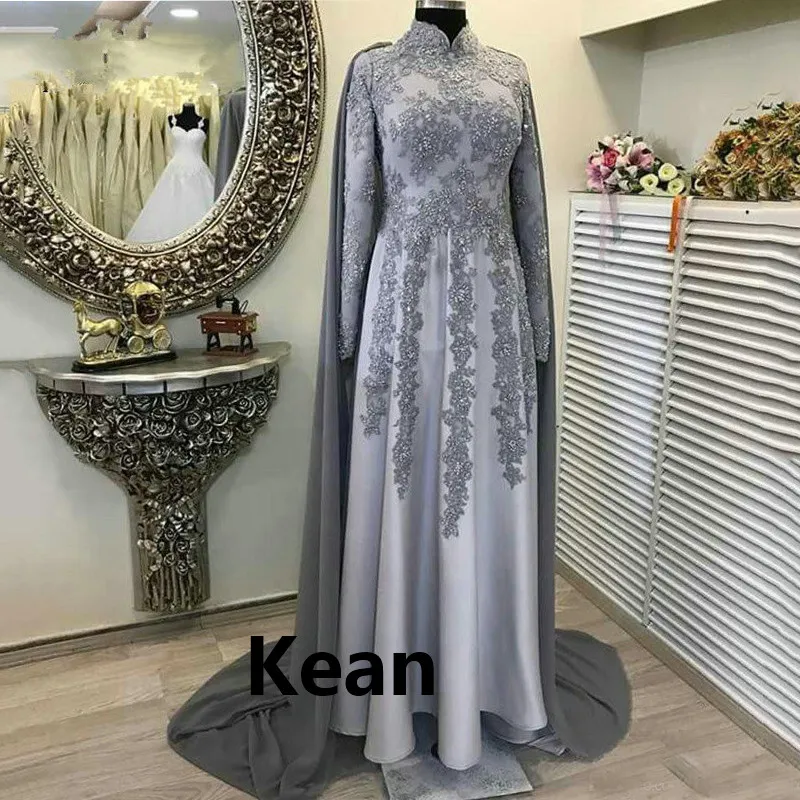 Silver With Jacket Muslim Evening Dresses A-Line Applique Satin Islamic Dubai Saudi Arabic Evening Gown Prom vestidos de festa