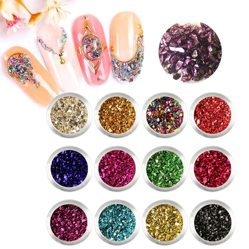 

12Colors/Set Nails Debris Shell Metallic Glass Chip Chunky Glitter Broken Stone Tumbled 2-4 mm for Nail Art Decoration Artware