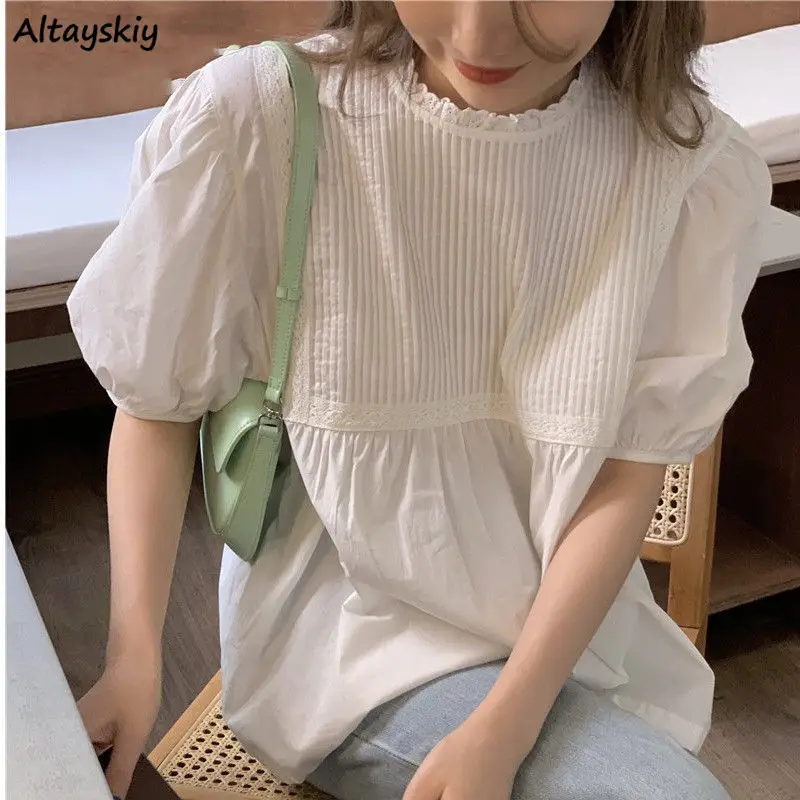 Blouses Women Gentle Casual Students Lady Clothing Fit Comfortable Ulzzang O-Neck Solid Chic All-match Cute Slim Blusas Mujer