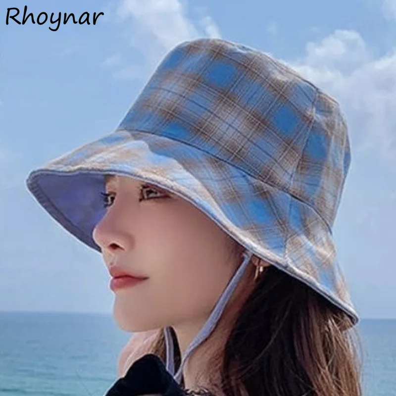 Bucket Hats Women Plaid Chic Hot Sale Design All-match Four Seasons Stylish Korean Style Students Feminine Caps Harajuku Simple