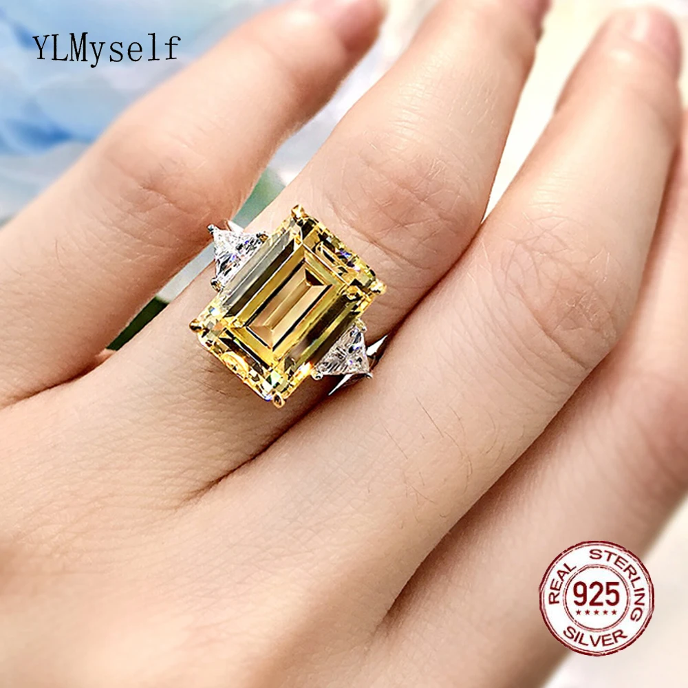 Solid Real 925 Silver Ring With Big 14*10 mm Pink/Blue/Yellow/White Rectangle Zircon Thick Rhodium/Rose/Gold Bling Fine Jewelry