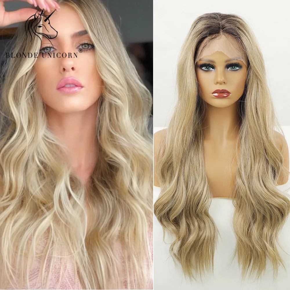 

Blonde Unicorn Ombre Brown Root to Blonde Long Wavy Synthetic Lace Part Hair Wigs For Black White Women Heat Resistant Daily Use