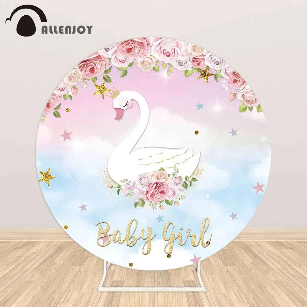 Allenjoy Cute Swan Sequin Round Backdrop Pastel Flowers Baby Shower Circle Background Girl Glitter Photobooth Wallpaper Banner