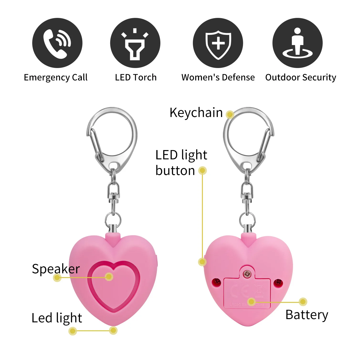 Portable Mini Heart-shaped Alarm Keychain Child and Elder SOS Tracker Self-Defense 130db LED Light Safety Key Chain