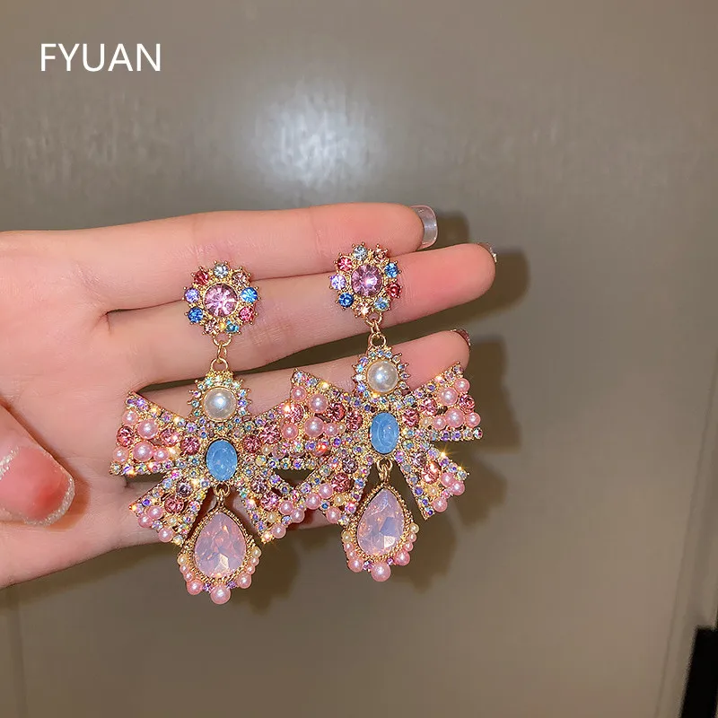 FYUAN Vintage Baroque Pink Bowknot Crystal Earrings for Women Pearl Dangle Earrings Statement Jewelry
