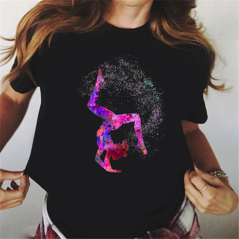 

Watercolor Gymnastics Girl Printed Balck T Shirt Women Clothes 2024 Funny Tshirt Femme Harajuku Shirt Women T-Shirt Female