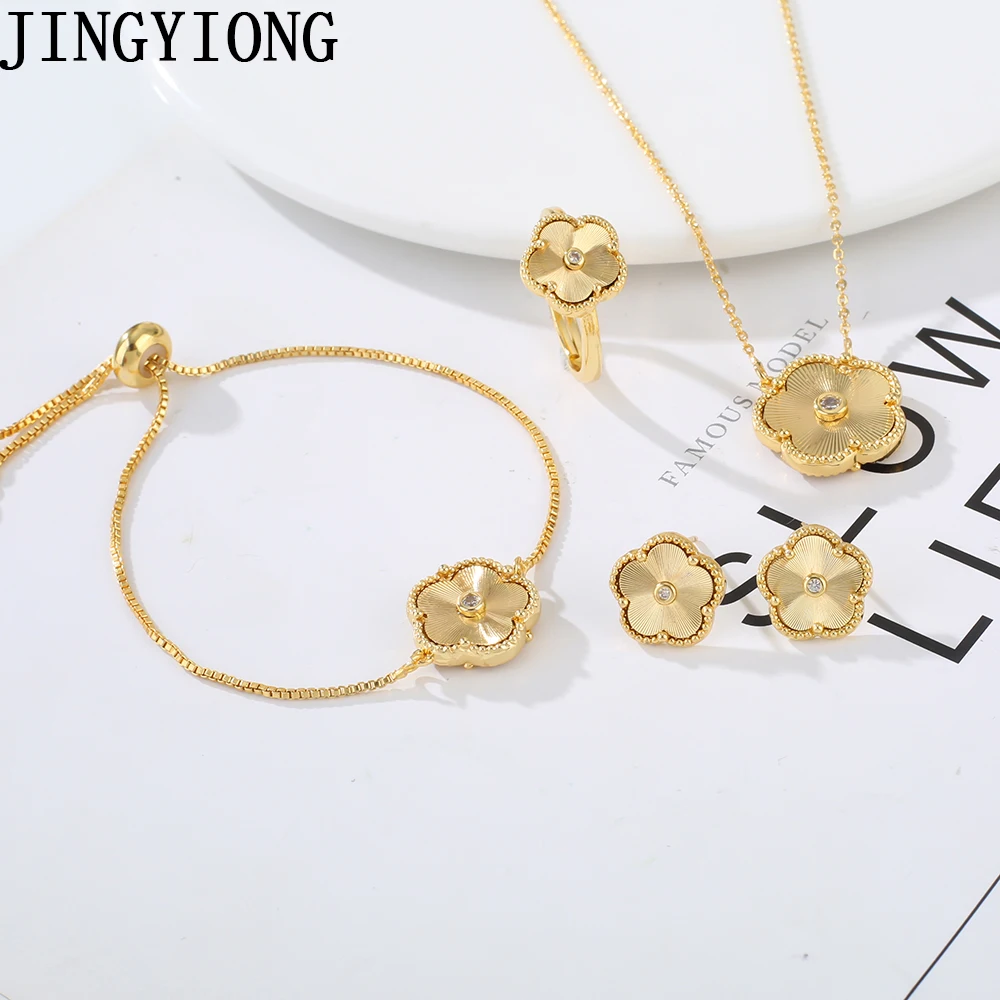 Hot Selling Simple Stainless Steel Chain Plant Flower Pendant Necklace Earrings Bracelet Ring Jewelry Set Women\'s High Quality