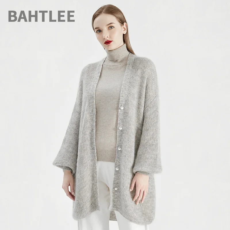 BAHTLEE-Women's Mohair Knitting Long Cardigan, Wool Sweater, Lantern Sleeves, Pearl Button, V-Neck, Loose Style, Autumn, Winter