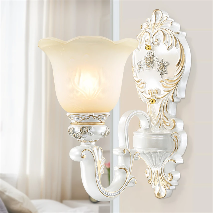 

European white rose wall lamps bedroom bedside luxury study aisle background wall sconces lights bathroom decorated lighting