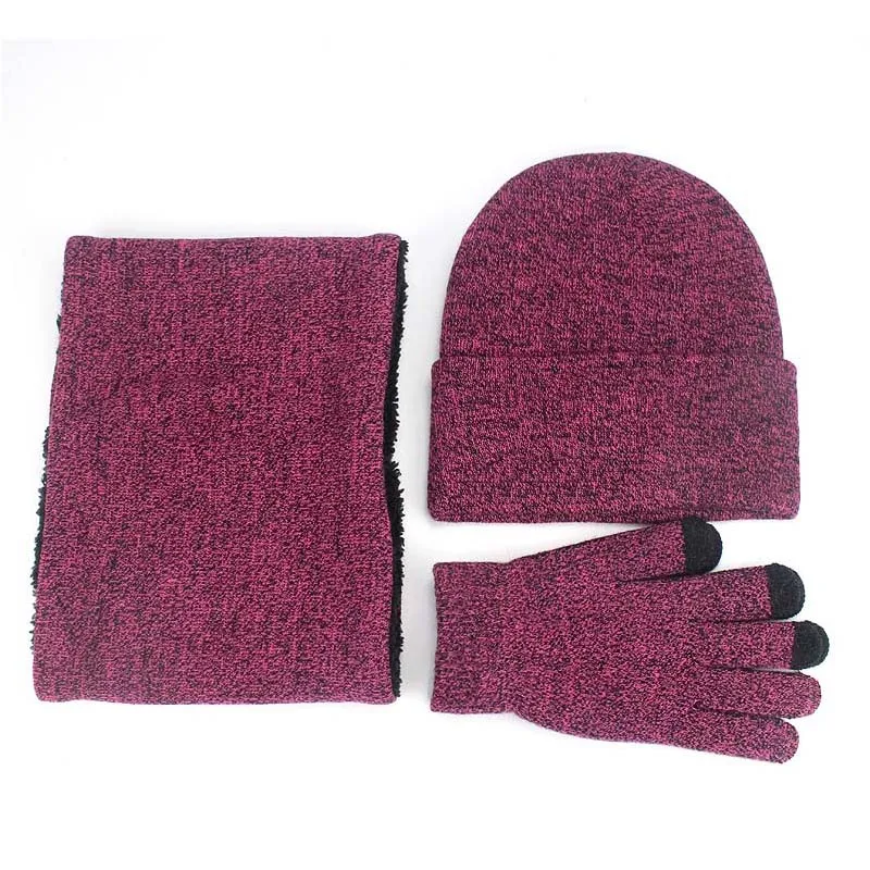 Unisex Beanies Hat Ring Scarf Gloves Set Winter Knitted Thick Warm Cap Women Men Solid Retro Beanie Hat Soft Touch Screen Gloves