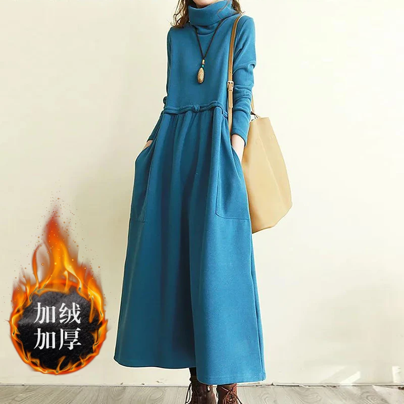 Vintage Kleider für Frauen Plüsch Fleece Warme Neue Langarm A-line Casual Kleid Mode Elegante Kleidung Winter Herbst 2021