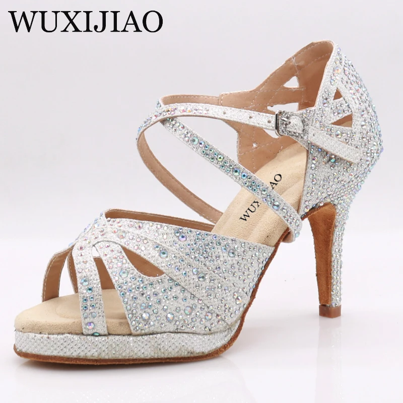 

WUXIJIAO Women's black suede sparkling rhinestone dance shoes Latin dance shoes ballroom dance shoes 10 cm tango dance shoes