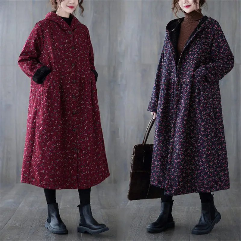 Women Fleece Autumn And Winter Cotton And Linen Jacket Small Floral Plus Velvet Warm Hooded Windbreaker Coat Long Abrigos M1547