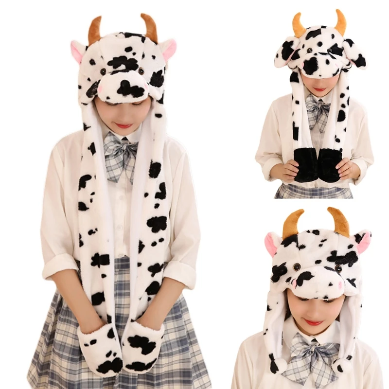 New Kids Cute Cow Animal Plush Hat with Moving Ears Fluffy Warm Earflap Cap Scarf