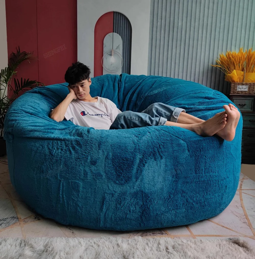 Dropshipping 6FT-7FT Giant Fur Bean Bag Cover Big Round Soft Fluffy Faux Fur BeanBag Plush Lazy Sofa Bed Living Room Furniture