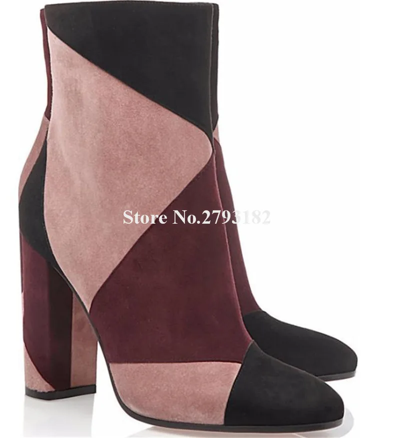 Fashion Style Round Toe Patchwork Suede Chunky Heel Short Boots Round Toe Zipper-up Thick Heek Ankke Booties Big Size Heels