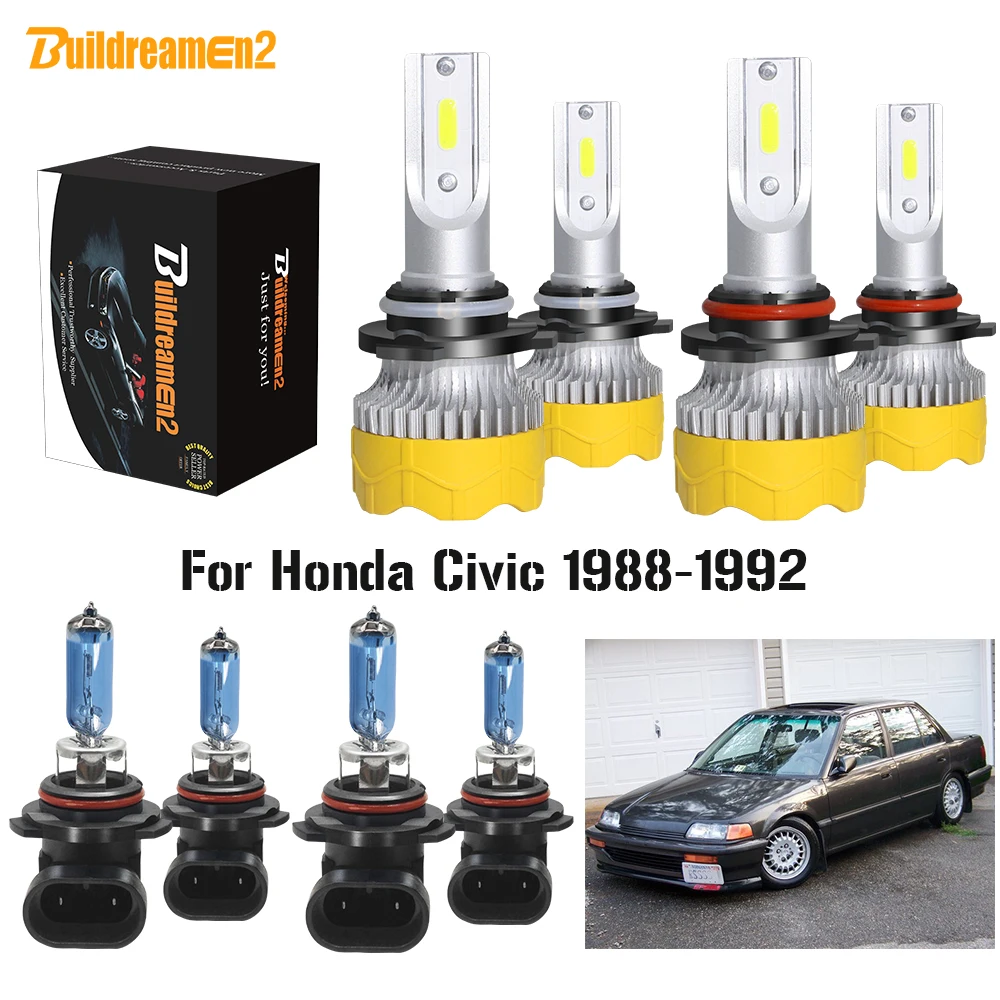 Buildreamen2 4 Pieces Car Headlight High Low Beam LED Halogen Headlamp Bulb 12V For Honda Civic 1988 1989 1990 1991 1992