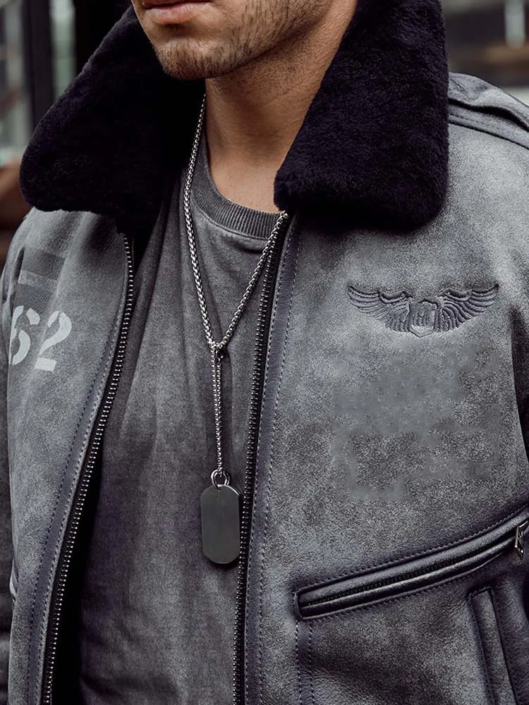 Denny&Dora New Shearling Coat Mens B6 Bomber Jacket Grey Leather Overcoat Natural Sheepskin Fur Outerwear