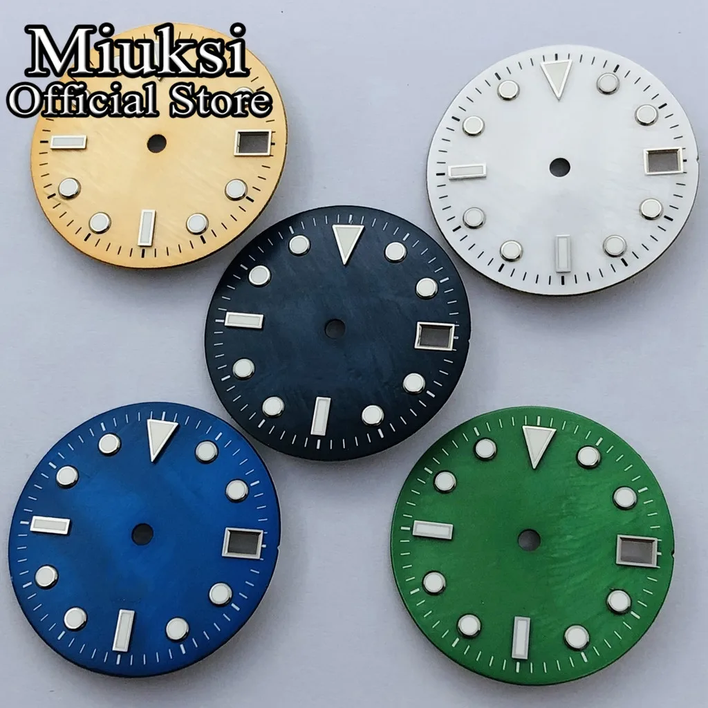 Miuksi 28.5mm shell dial black blue green white yellow watch dial luminous dial fit NH35 movement