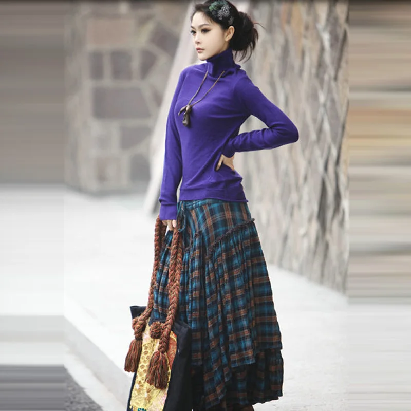 Autumn plus Size Maxi Skirts for Women 100% Cotton Plaid Grid Pleated Asymmetrical 6XL 7XL 8XL 9XL Casual Female Skirts