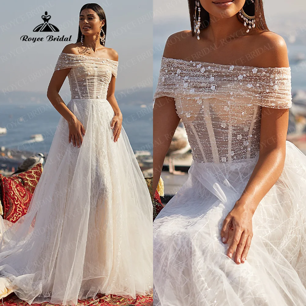 Vestidos de novia de lujo de línea a para playa, vestidos de novia de tul de princesa de encaje con cuentas, vestidos de novia con cuello de barco, vestido de novia con hombros descubiertos