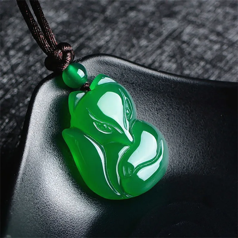 Natural Green Chalcedony Fox Jade Pendant Necklace Chinese Carved Charm Jewellery Accessories Fashion Amulet for Men Women Gifts