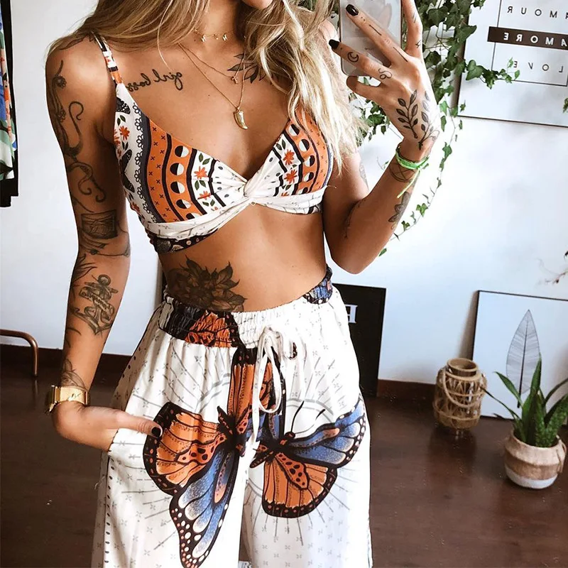 2 Pcs Sommer Trainingsanzug Sets Damen Boho Outfits Strand Stil Druck Unterwäsche Tops Lose Breite Bein Hosen Weibliche Kleidung Sets