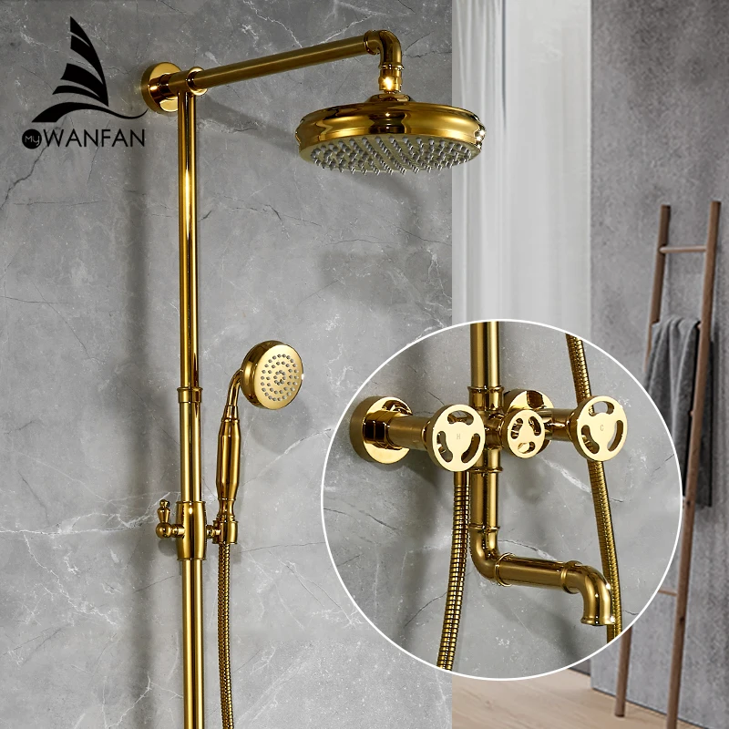 Shower Faucets Matte Gold Bathtub Faucet Round Tube Single Handle Top Rain Shower With Slide Bar Wall Water Mixer Tap 20F06K