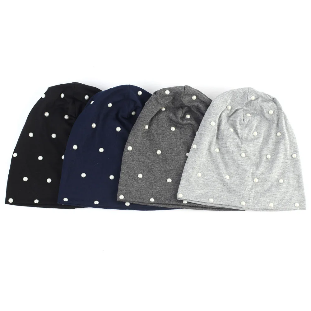 Geebro Women Soft Elastic Beanies Lady With White Pearl Hats Slouchy Female Casual Solid Color Balaclava Skullies Caps Bonnet